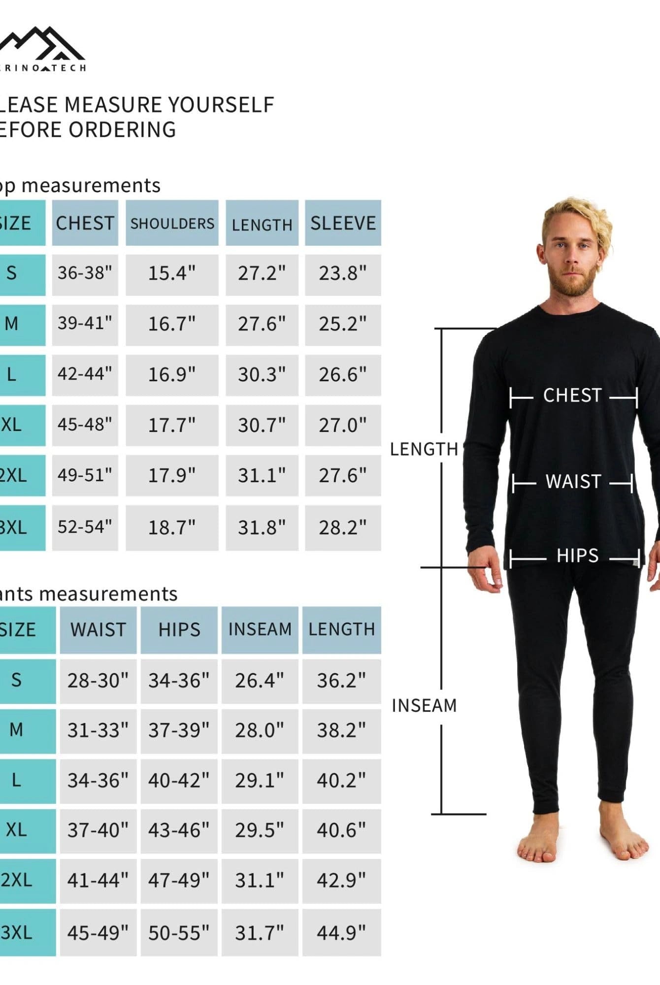 Men's merino thermal set size chart