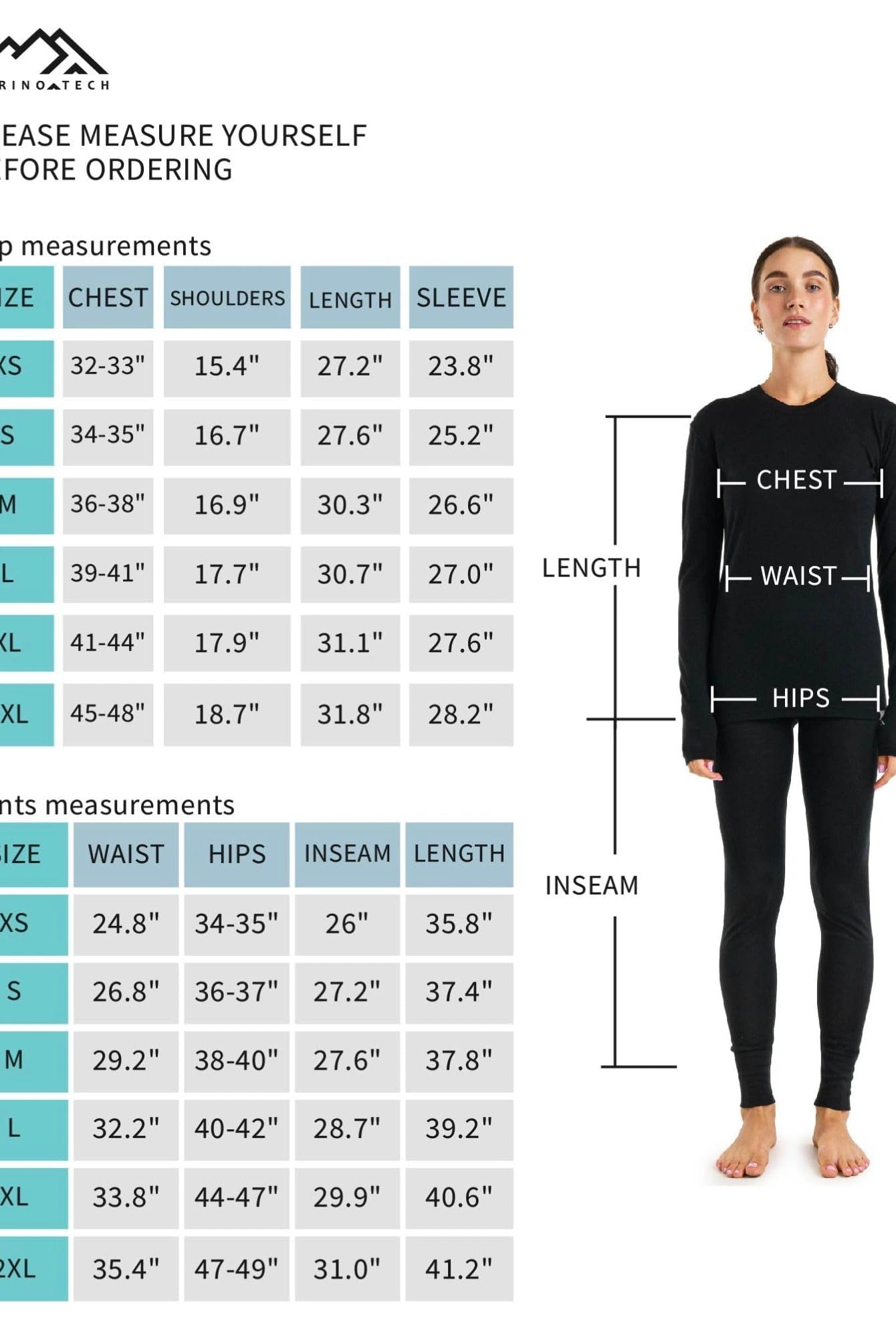Women's merino thermal set size chart