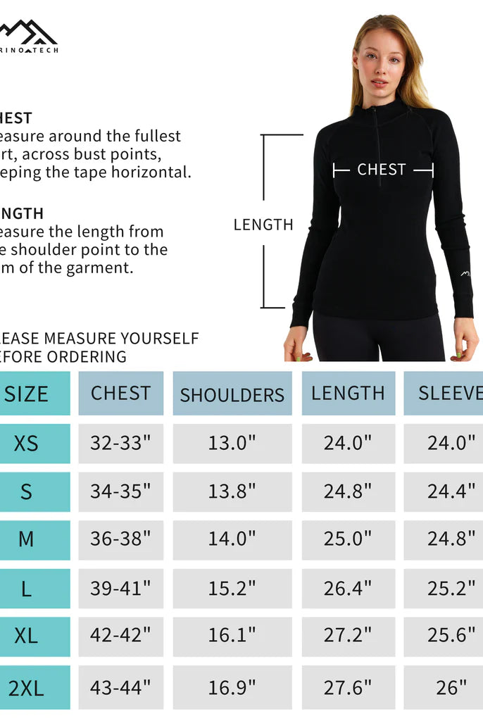 Women's merino half zip size chart