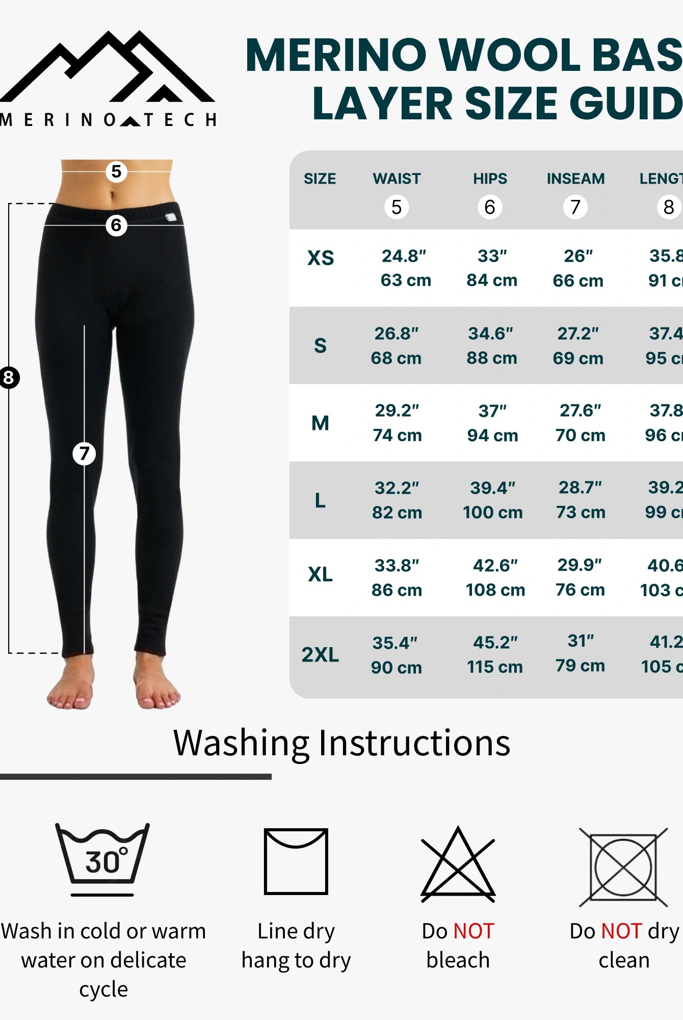 Women's merino pants size chart